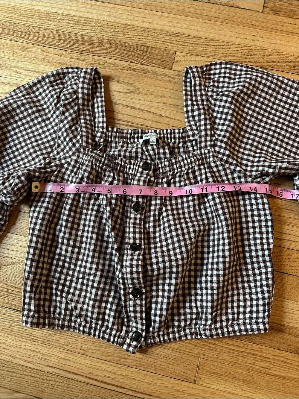 Madewell Puff-Sleeve Button-Front Crop Top in Plaid (Chocolate Raisin) - Small